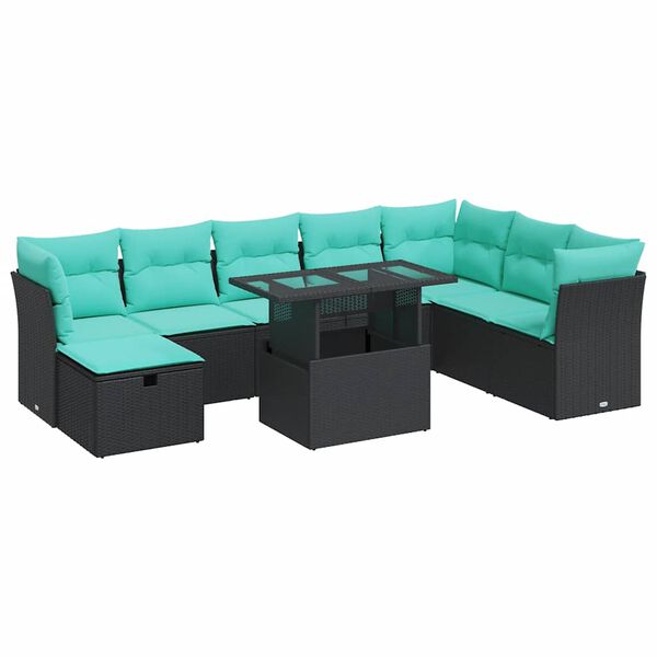 vidaXL Salon de jardin avec coussins 9 pcs noir r&eacute;sine tress&eacute;e acacia