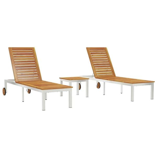 vidaXL Chaises longues 2pcs avec table 3 pcs Marron Acacia massif