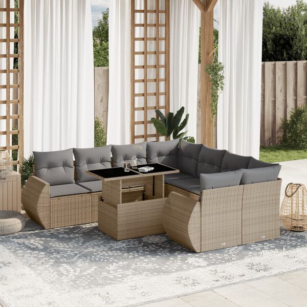 vidaXL Salon de jardin avec coussins 9 pcs beige r&eacute;sine tress&eacute;e