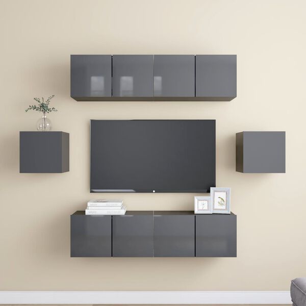 vidaXL Ensemble de meuble TV 6 pcs Gris brillant Bois d'ing&eacute;nierie