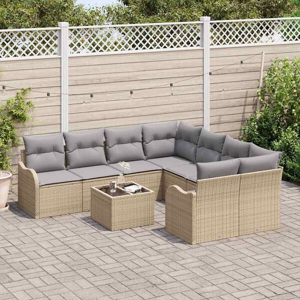 vidaXL Ensemble de canap&eacute; de jardin avec coussin 9 pcs Beige polyrotin