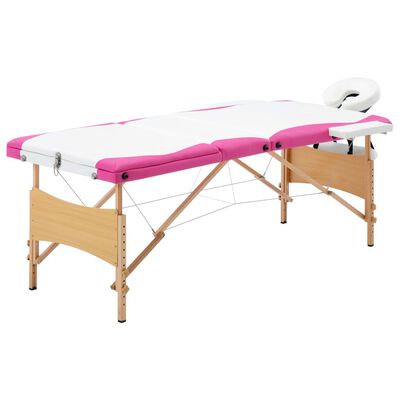vidaXL Table de massage pliable 3 zones Bois Blanc et rose
