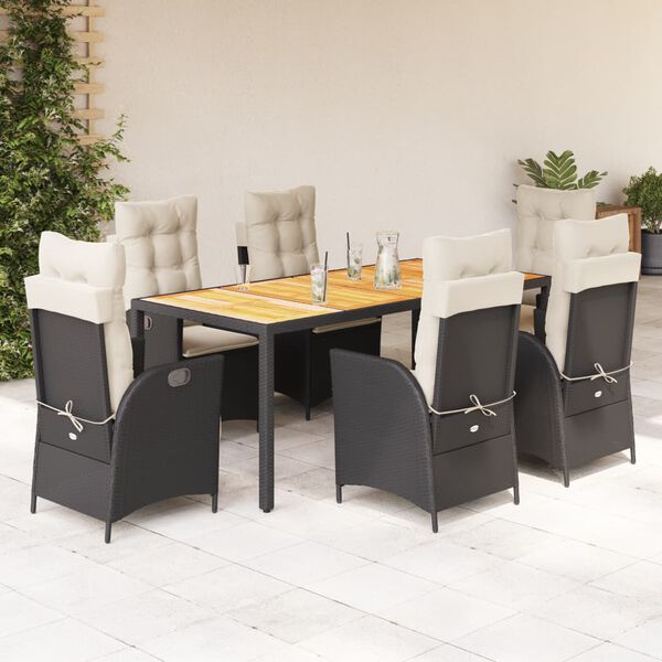 vidaXL Ensemble &agrave; manger de jardin coussins 7pcs Noir R&eacute;sine tress&eacute;e