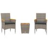 vidaXL Ensemble de bistro avec coussins 3 pcs gris rotin et verre
