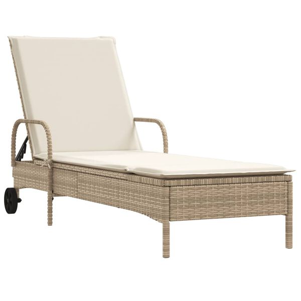 vidaXL Chaise longue avec roues et coussin beige r&eacute;sine tress&eacute;e