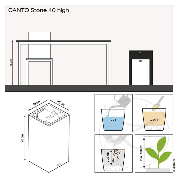 LECHUZA Jardini&egrave;re CANTO Stone 40 LED High ALL-IN-ONE 40x40 cm