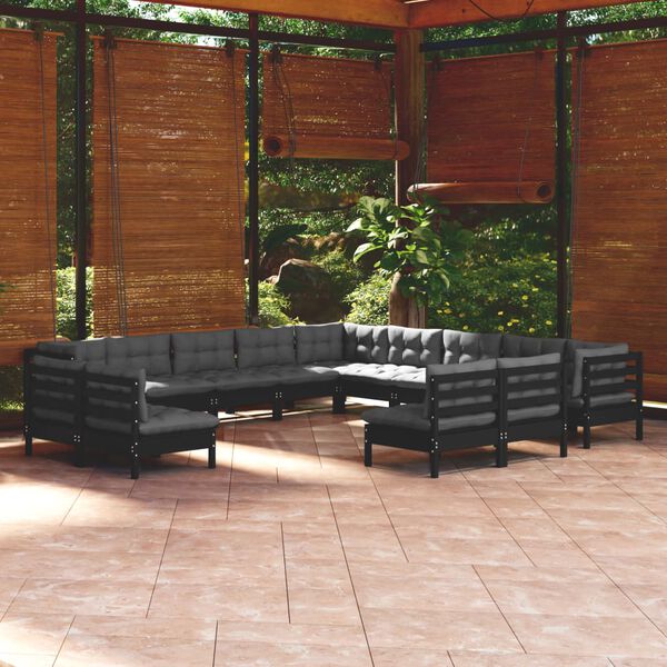 vidaXL Salon de jardin 13 pcs avec coussins Noir Bois de pin solide