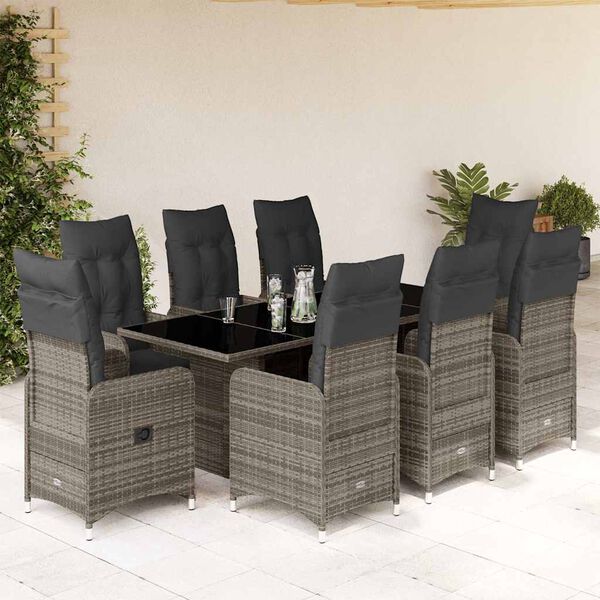 vidaXL Ensemble de bistro de jardin 9 pcs coussins gris poly rotin