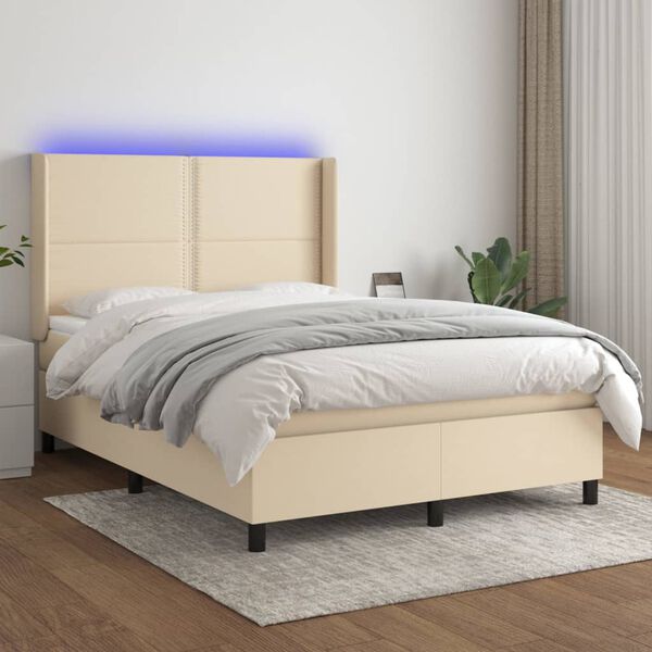 vidaXL Sommier &agrave; lattes de lit matelas LED Cr&egrave;me 140x190 cm Tissu