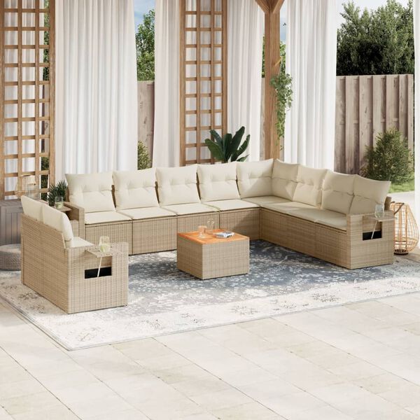 vidaXL Salon de jardin 11 pcs avec coussins beige r&eacute;sine tress&eacute;e