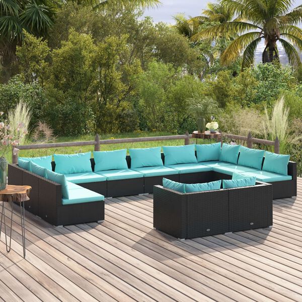 vidaXL Salon de jardin 12 pcs avec coussins Noir R&eacute;sine tress&eacute;e