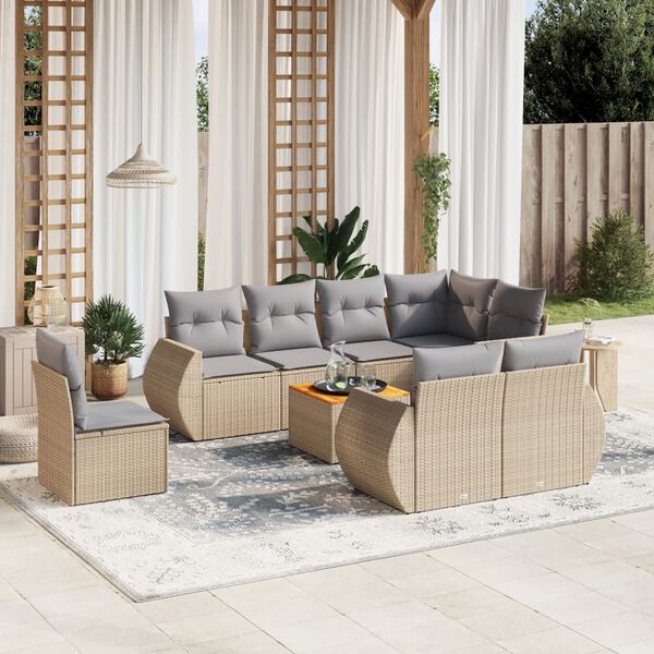 vidaXL Salon de jardin avec coussins 9 pcs beige r&eacute;sine tress&eacute;e