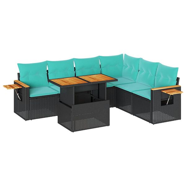 vidaXL Salon de jardin avec coussins 7 pcs noir r&eacute;sine tress&eacute;e acacia