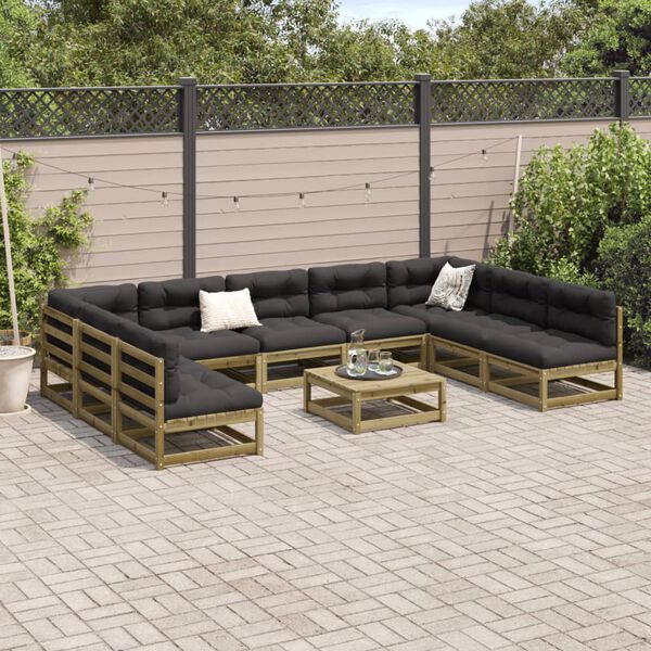 vidaXL Salon de jardin avec coussins 10 pcs bois de pin impr&eacute;gn&eacute;