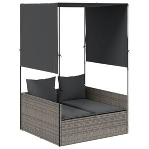 vidaXL Chaise longue double avec toit et rideaux gris résine tressée