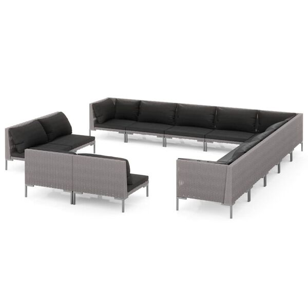vidaXL Salon de jardin 13 pcs avec coussins R&eacute;sine tress&eacute;e Gris fonc&eacute;