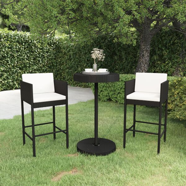 vidaXL Ensemble de bar de jardin 3 pcs et coussins Résine tressée Noir