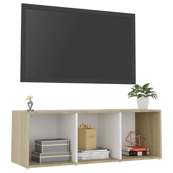 vidaXL Meuble TV blanc et ch&ecirc;ne sonoma 107x35x37 cm bois d&rsquo;ing&eacute;nierie
