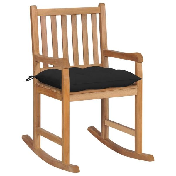 vidaXL Chaise &agrave; bascule avec coussin noir Bois de teck solide