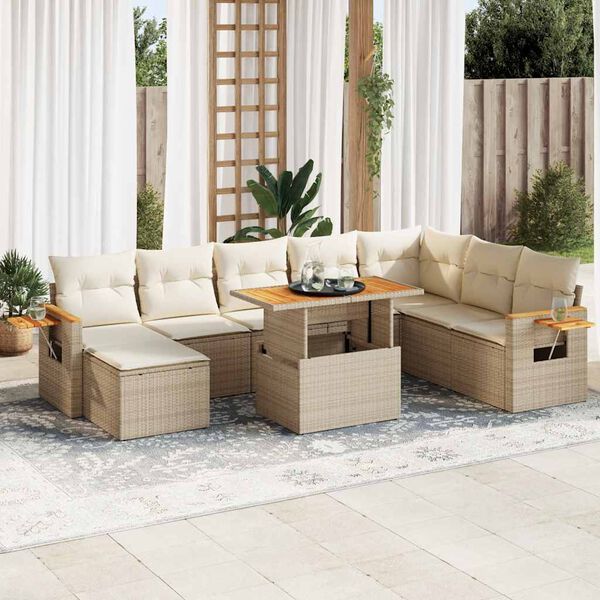 vidaXL Salon de jardin avec coussins 9 pcs beige r&eacute;sine tress&eacute;e acacia