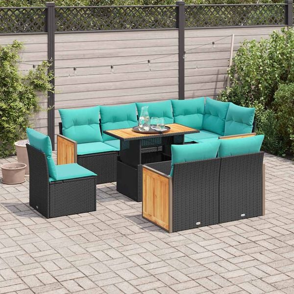 vidaXL Salon de jardin avec coussins 9 pcs noir r&eacute;sine tress&eacute;e acacia