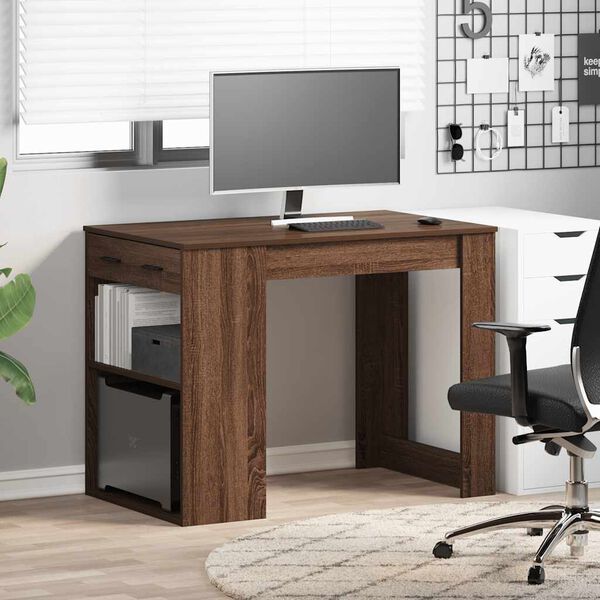 vidaXL Bureau avec tiroir et &eacute;tag&egrave;re ch&ecirc;ne marron bois d'ing&eacute;nierie