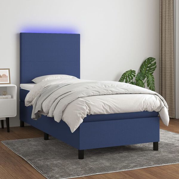 vidaXL Sommier &agrave; lattes de lit avec matelas et LED Bleu 90x200cm Tissu