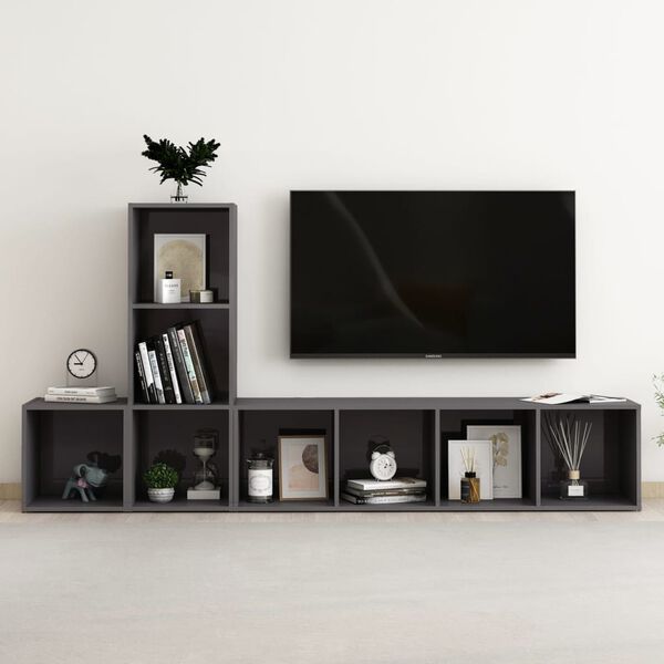 vidaXL Ensemble de meubles TV 3 pcs Gris brillant Bois d'ing&eacute;nierie