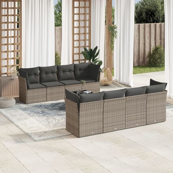 vidaXL Salon de jardin 9 pcs avec coussins gris résine tressée