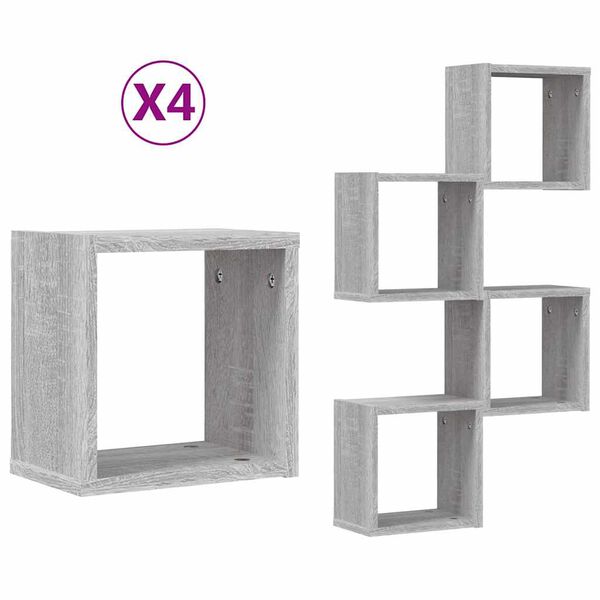 vidaXL &Eacute;tag&egrave;res Murales avec &eacute;tag&egrave;re 4 pcs Gris Sonoma 26 x 15 x 26 cm