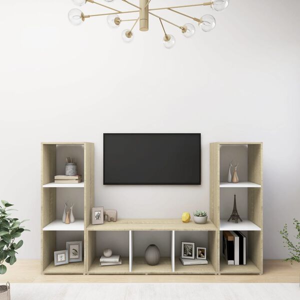 vidaXL Meubles TV 3 pcs Blanc et chêne sonoma Bois d'ingénierie
