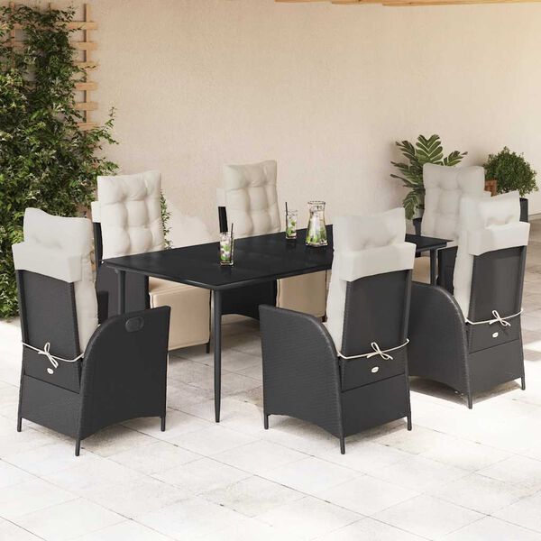 vidaXL Ensemble &agrave; manger de jardin coussins 7pcs Noir R&eacute;sine tress&eacute;e