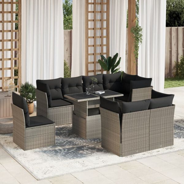 vidaXL Salon de jardin 9 pcs avec coussins gris clair résine tressée