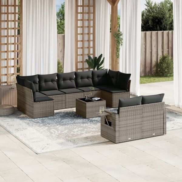 vidaXL Salon de jardin avec coussins 10 pcs gris résine tressée
