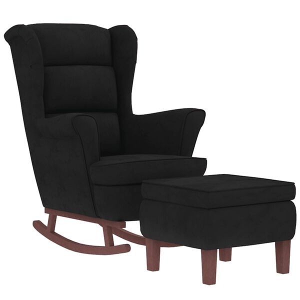 vidaXL Fauteuil à bascule à oreilles en velours noir bois massif