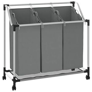 vidaXL Panier &agrave; linge &agrave; roulettes 3 compartiments gris
