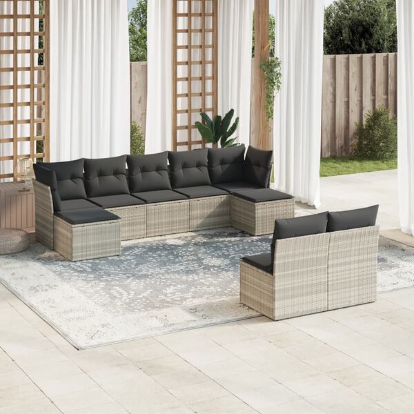 vidaXL Salon de jardin 9 pcs avec coussins gris clair r&eacute;sine tress&eacute;e