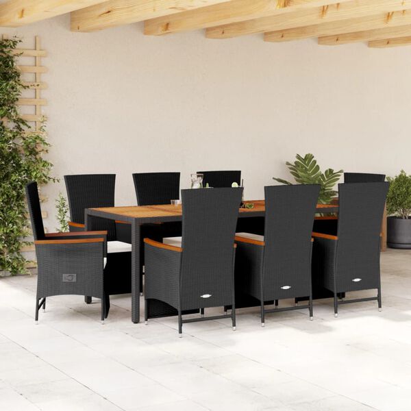 vidaXL Ensemble &agrave; manger de jardin 9pcs coussins noir r&eacute;sine tress&eacute;e