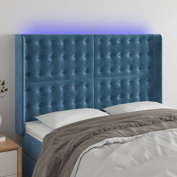 vidaXL T&ecirc;te de lit &agrave; LED Bleu fonc&eacute; 147x16x118/128 cm Velours