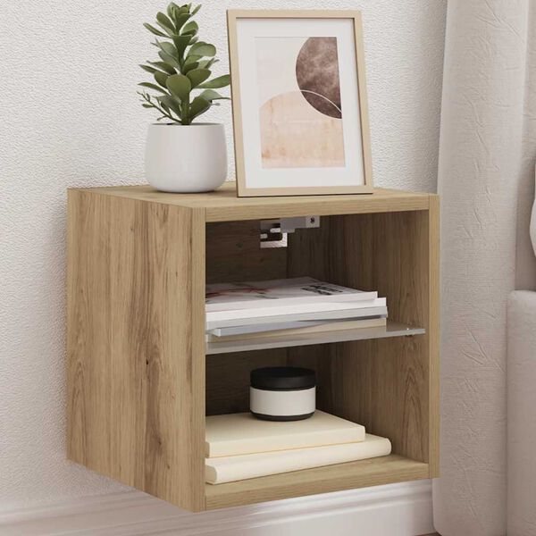 vidaXL Meuble TV mural avec lumières LED chêne artisanal 30x28,5x30 cm