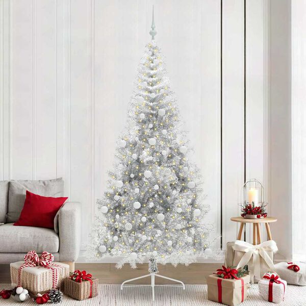 vidaXL Sapin de No&euml;l artificiel pr&eacute;-&eacute;clair&eacute; Argent 240 cm PET