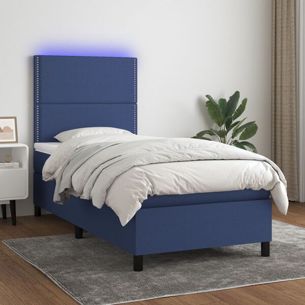 vidaXL Sommier &agrave; lattes de lit avec matelas et LED Bleu 90x190cm Tissu