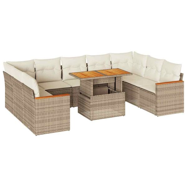 vidaXL Salon de jardin avec coussins 10pcs beige résine tressée acacia
