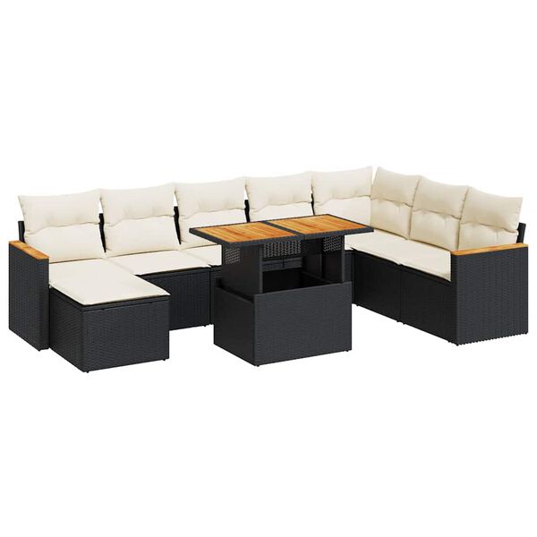 vidaXL Salon de jardin avec coussins 9 pcs noir r&eacute;sine tress&eacute;e acacia