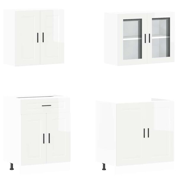 vidaXL Ensemble de 4 meubles de cuisine "Porto" en bois d'ing&eacute;nierie blanc brillant