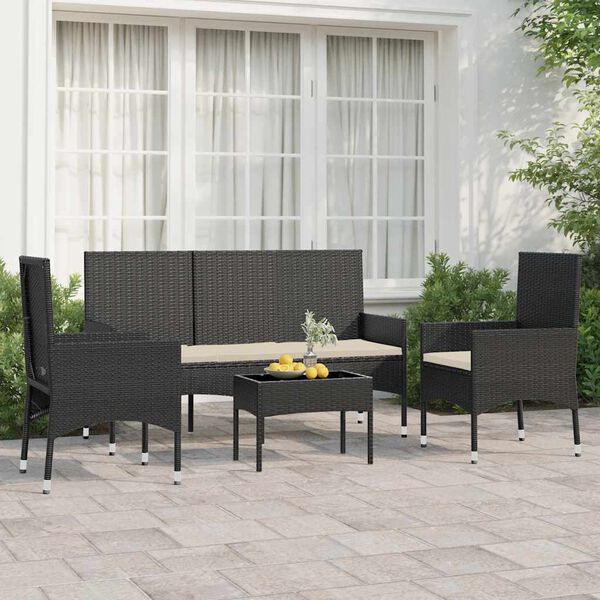 vidaXL Salon de jardin 4 pcs avec coussins Noir R&eacute;sine tress&eacute;e