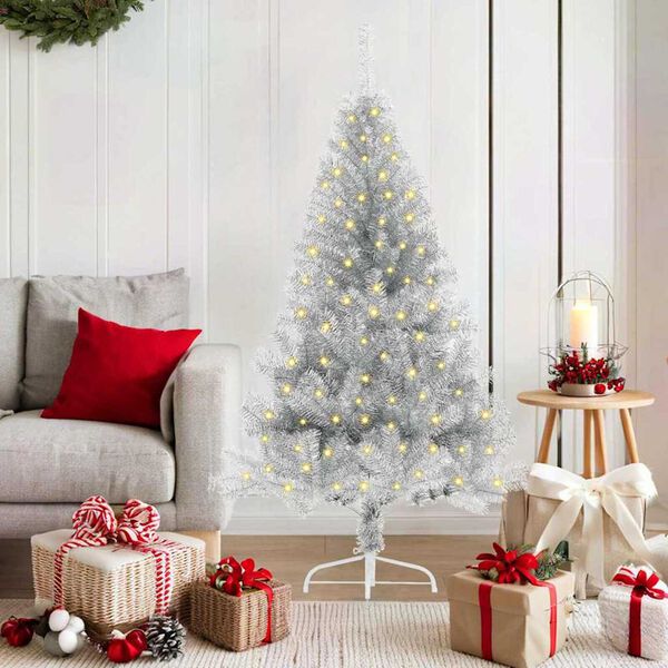 vidaXL Sapin de No&euml;l artificiel pr&eacute;-&eacute;clair&eacute; Argent 150 cm PET