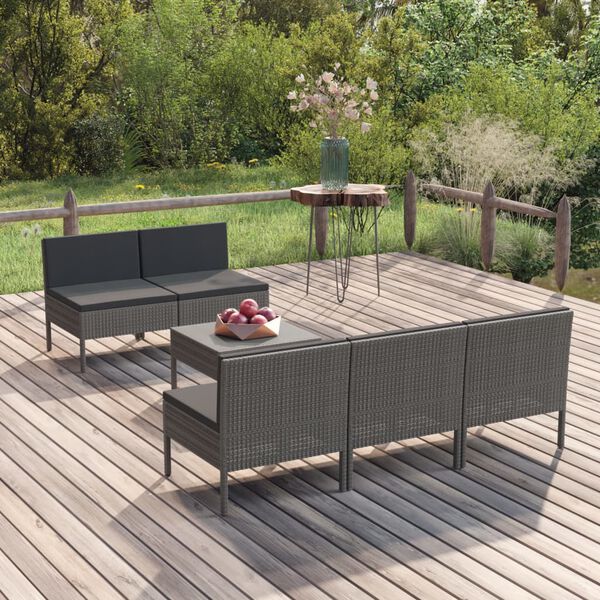vidaXL Salon de jardin 6 pcs avec coussins r&eacute;sine tress&eacute;e gris