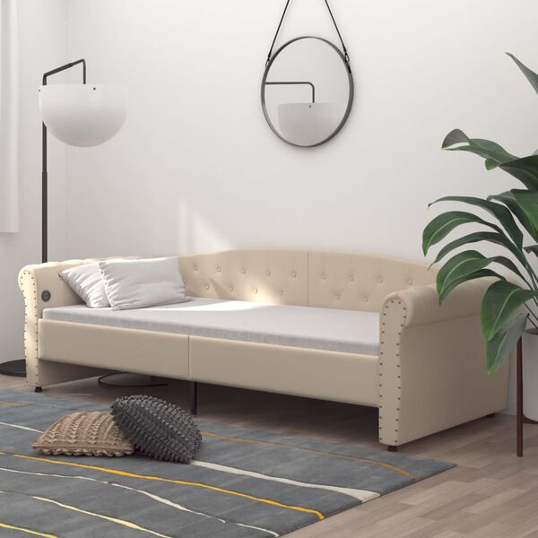 vidaXL Lit avec matelas et USB Cr&egrave;me Tissu 90x200 cm