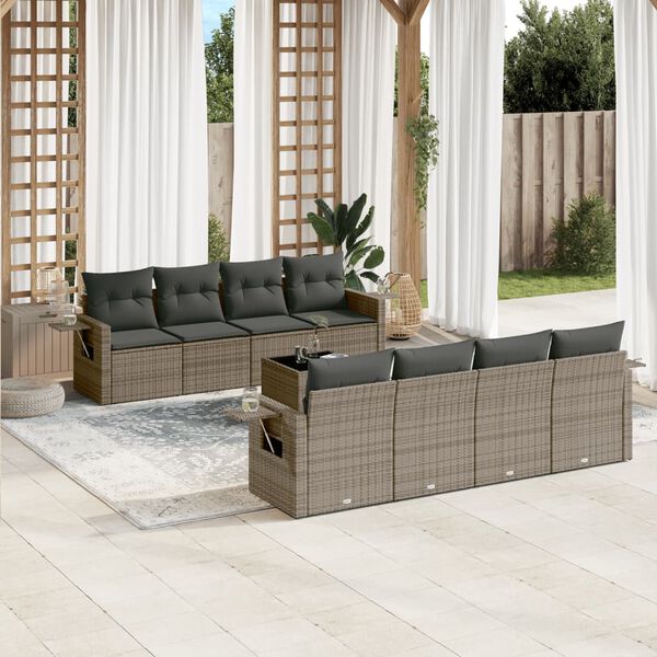 vidaXL Salon de jardin 9 pcs avec coussins gris r&eacute;sine tress&eacute;e